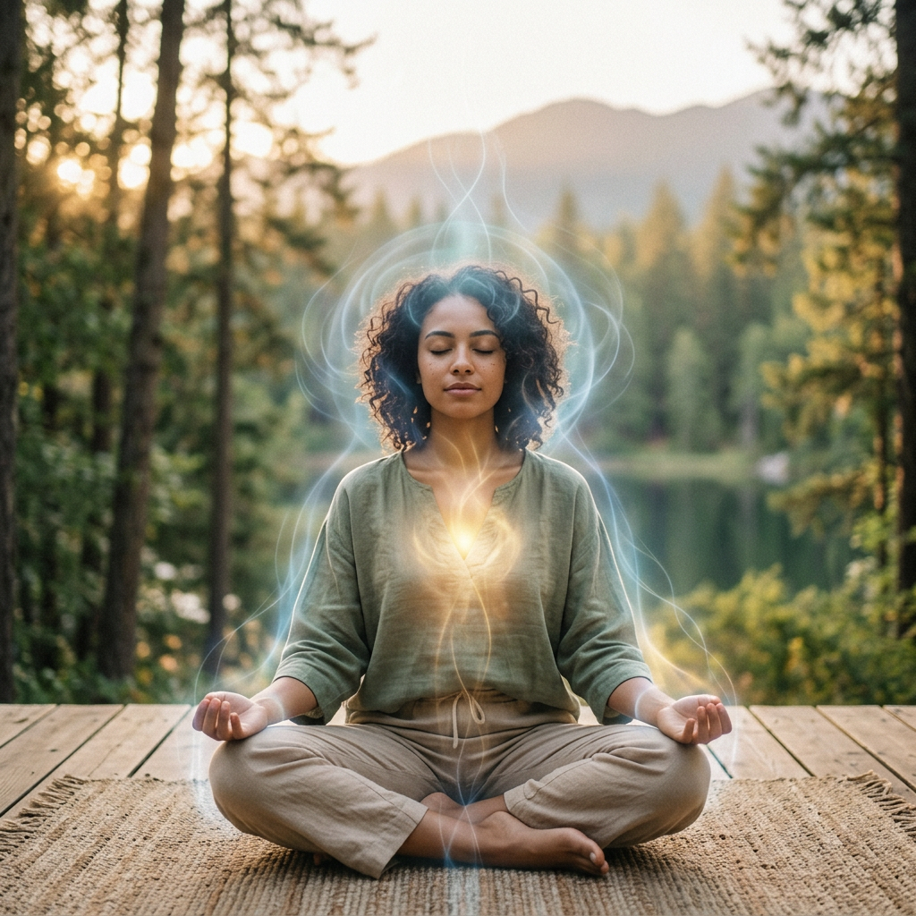 Woman sitting cross-legged outdoors meditating with glowing energy around her